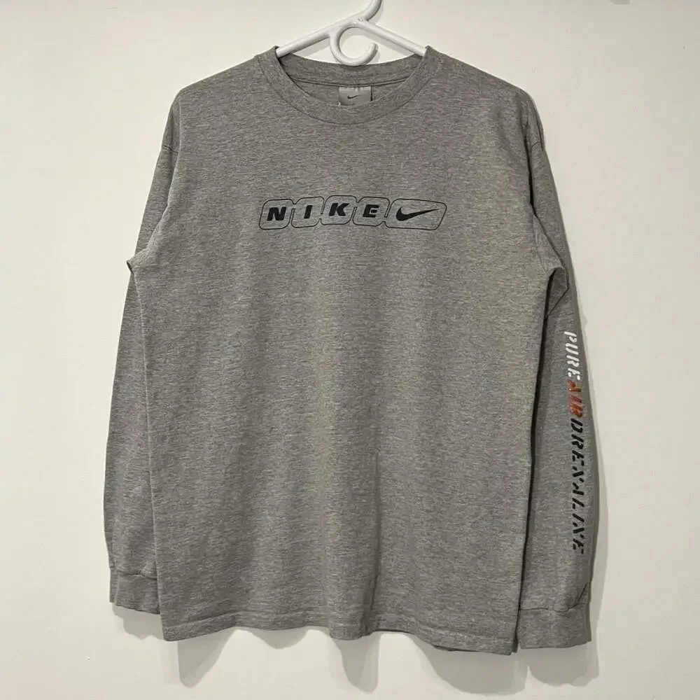 Vintage Nike Gray Long Sleeve T-Shirt Box Logo Size XL Wmn